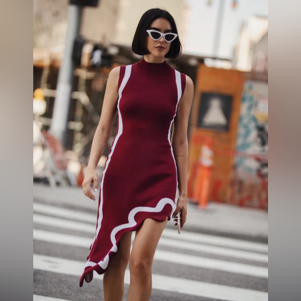 NWT PH5 Iris Maroon Brooklyn Wavy Asymmetric Dress. XS - Picture 3 of 6